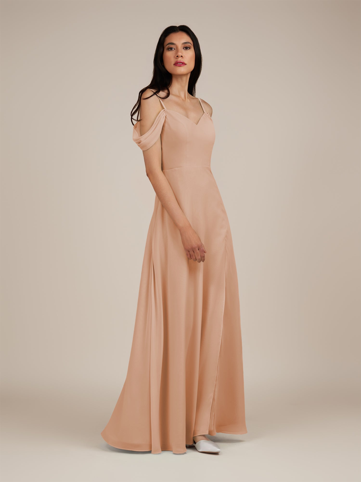 KissDress-Agate Champagne Rose A Line Chiffon Off the Shoulder Long Bridesmaid Dress