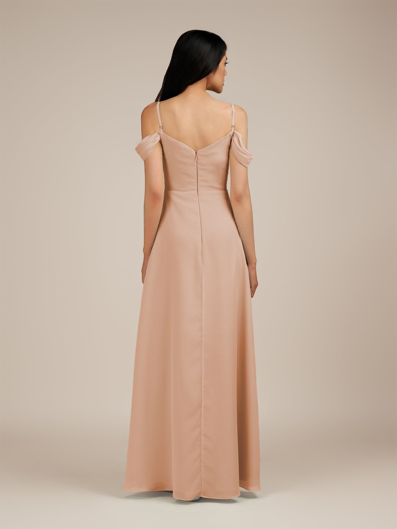 KissDress-Agate Champagne Rose A Line Chiffon Off the Shoulder Long Bridesmaid Dress