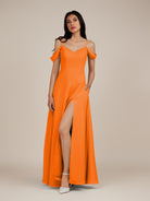 KissDress-Agate Cinnamon A Line Chiffon Off the Shoulder Long Bridesmaid Dress