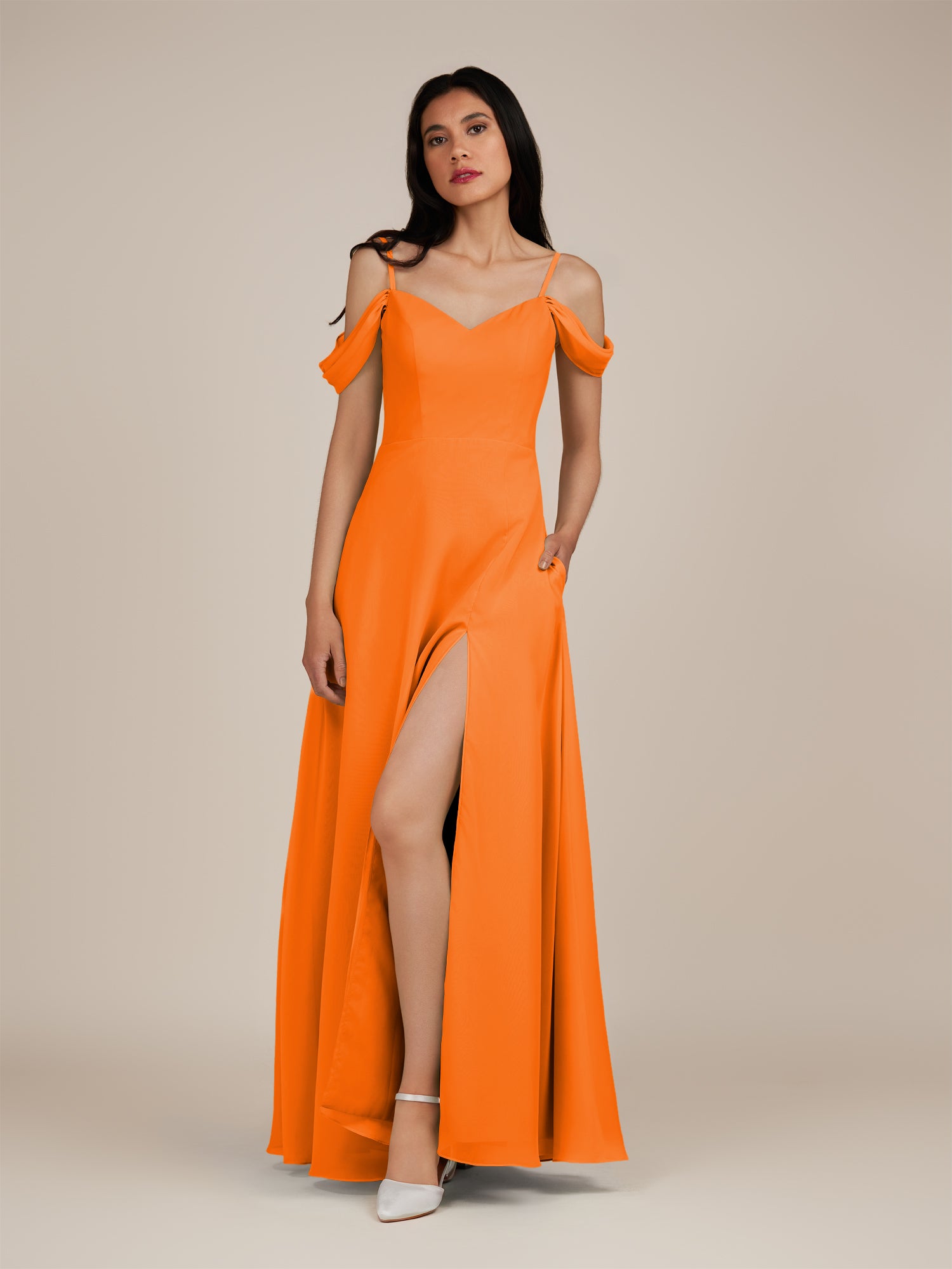 KissDress-Agate Cinnamon A Line Chiffon Off the Shoulder Long Bridesmaid Dress