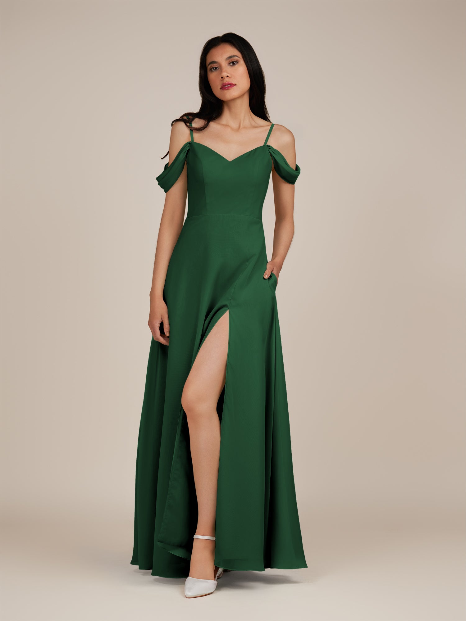 KissDress-Agate Dark Green A Line Chiffon Off the Shoulder Long Bridesmaid Dress