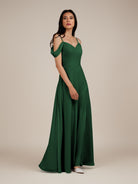 KissDress-Agate Dark Green A Line Chiffon Off the Shoulder Long Bridesmaid Dress