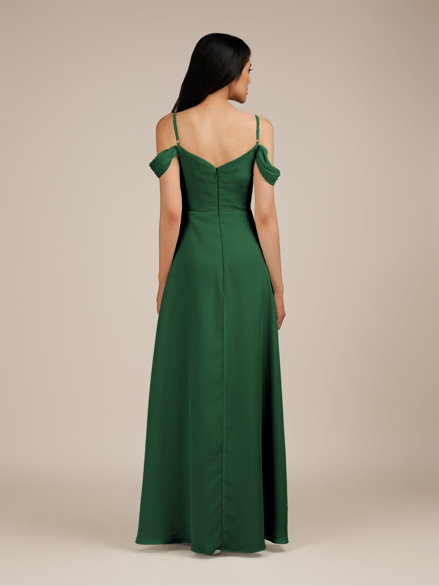 KissDress-Agate Dark Green A Line Chiffon Off the Shoulder Long Bridesmaid Dress