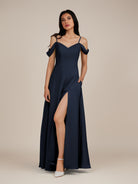 KissDress-Agate Dark Navy A Line Chiffon Off the Shoulder Long Bridesmaid Dress