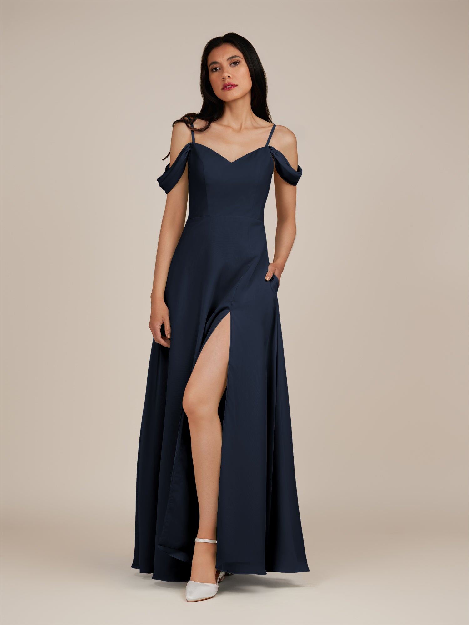 KissDress-Agate Dark Navy A Line Chiffon Off the Shoulder Long Bridesmaid Dress