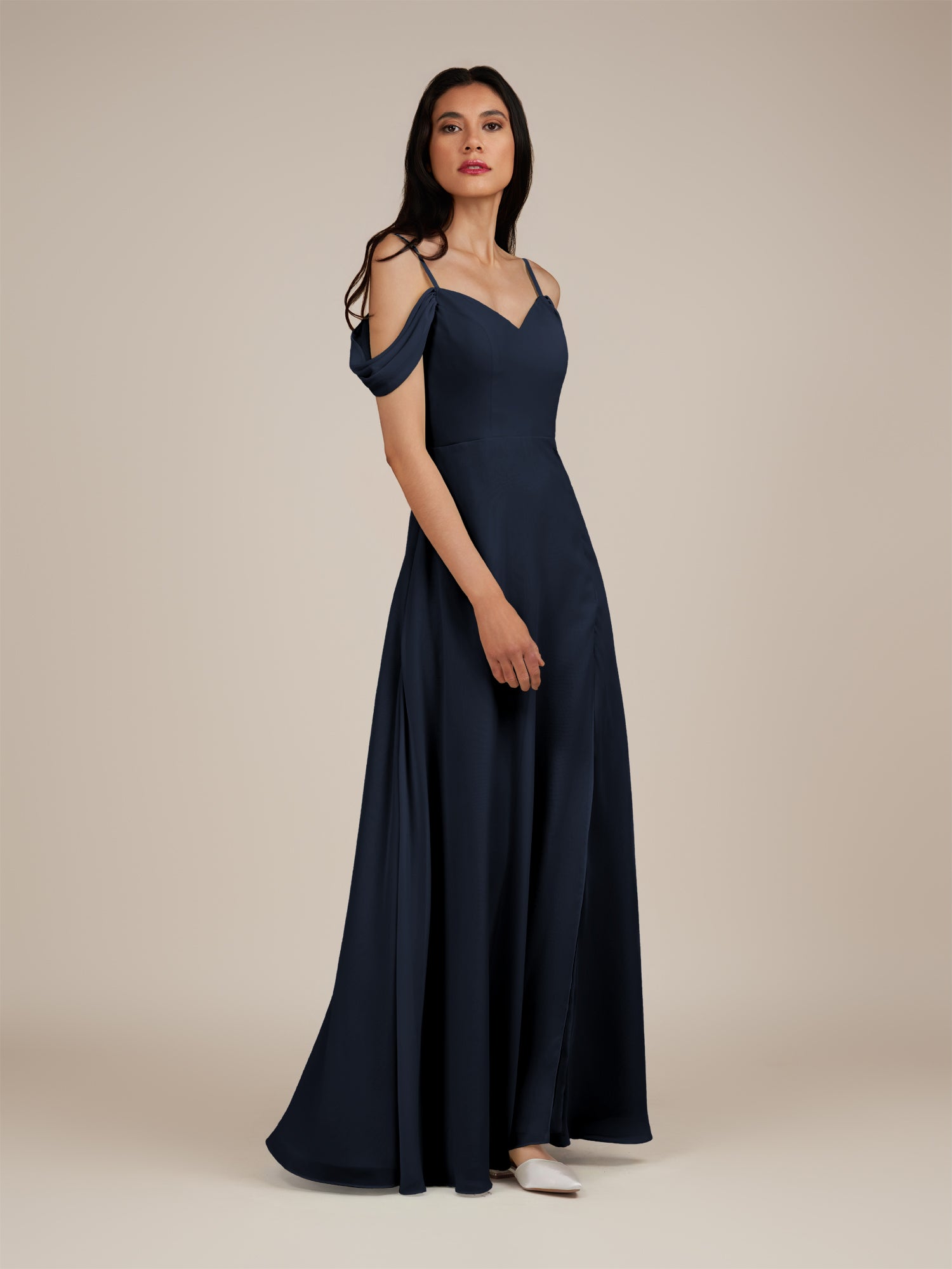 KissDress-Agate Dark Navy A Line Chiffon Off the Shoulder Long Bridesmaid Dress