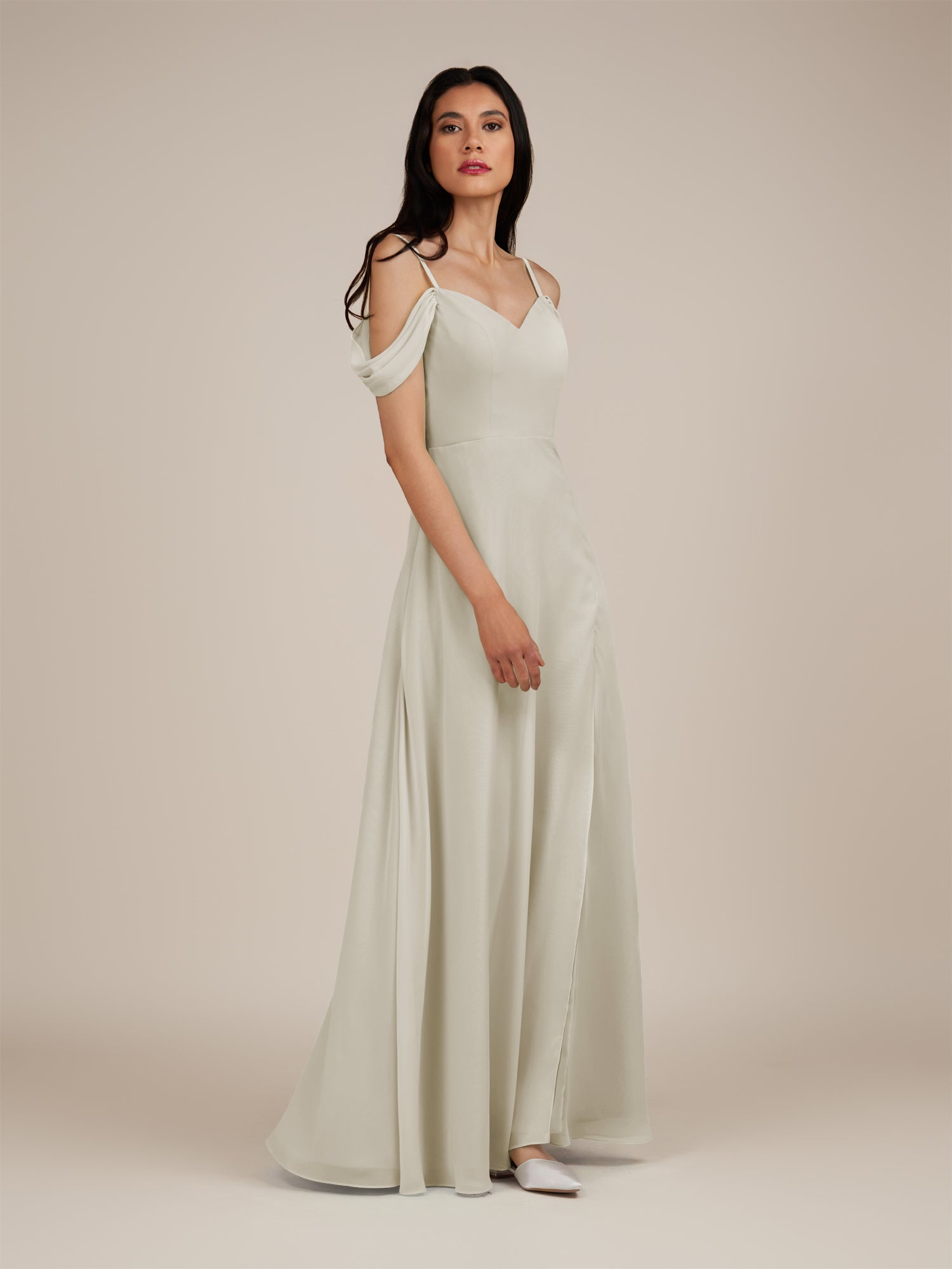 KissDress-Agate Dove Gray A Line Chiffon Off the Shoulder Long Bridesmaid Dress