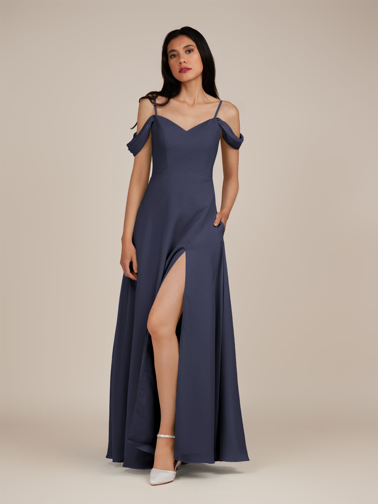 KissDress-Agate Dusk Blue A Line Chiffon Off the Shoulder Long Bridesmaid Dress
