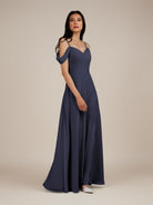 KissDress-Agate Dusk Blue A Line Chiffon Off the Shoulder Long Bridesmaid Dress