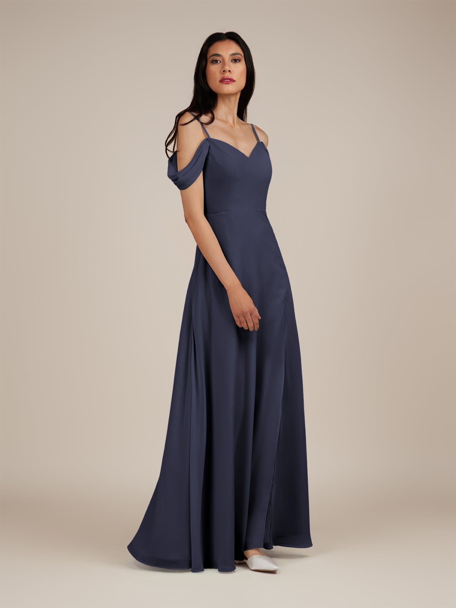 KissDress-Agate Dusk Blue A Line Chiffon Off the Shoulder Long Bridesmaid Dress