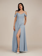 KissDress-Agate Dusty Blue A Line Chiffon Off the Shoulder Long Bridesmaid Dress
