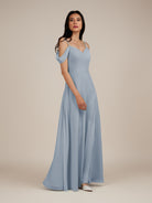 KissDress-Agate Dusty Blue A Line Chiffon Off the Shoulder Long Bridesmaid Dress