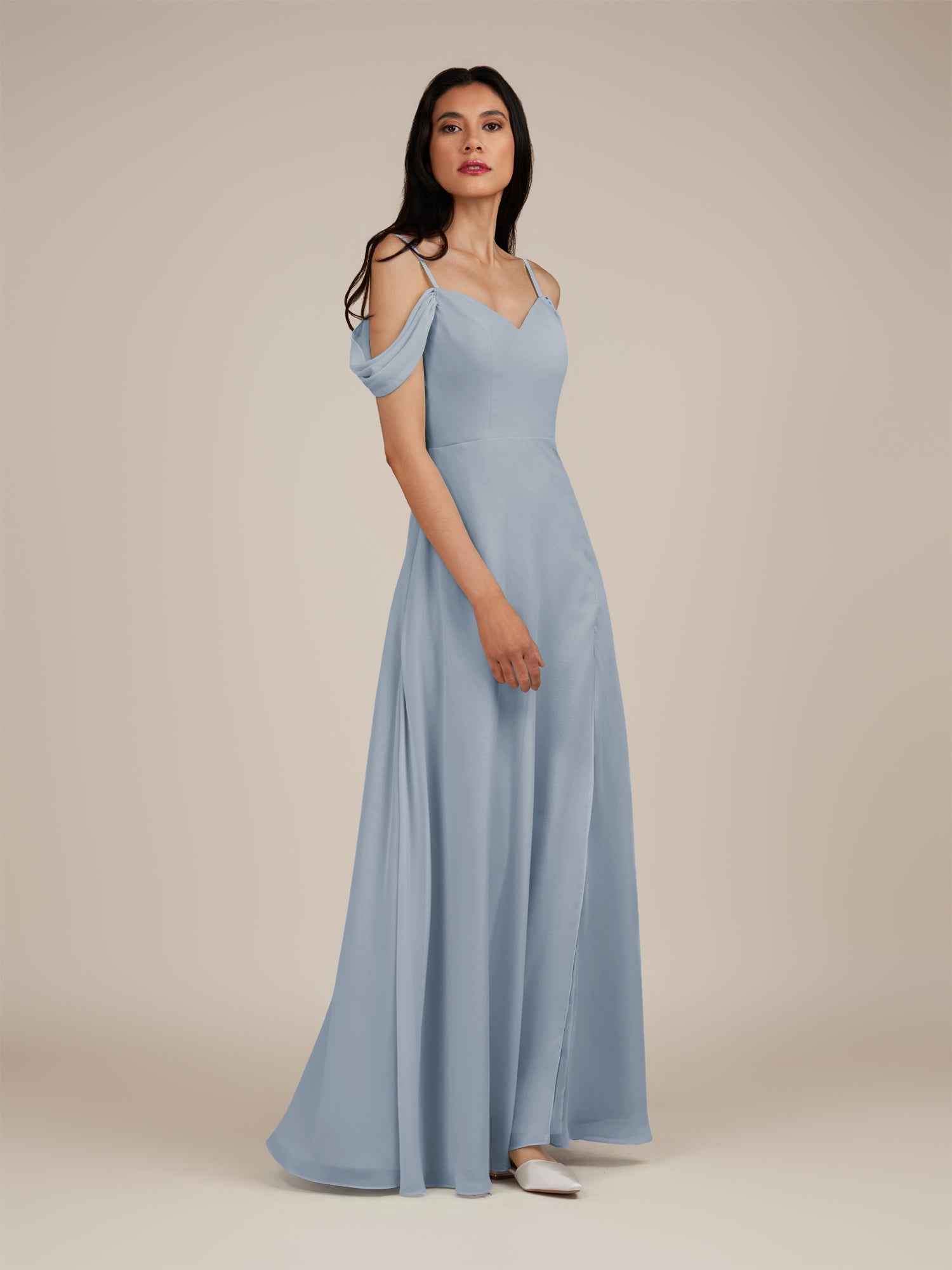 KissDress-Agate Dusty Blue A Line Chiffon Off the Shoulder Long Bridesmaid Dress