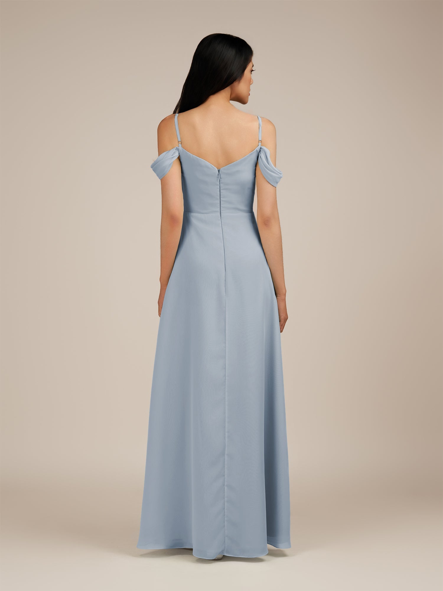 KissDress-Agate Dusty Blue A Line Chiffon Off the Shoulder Long Bridesmaid Dress