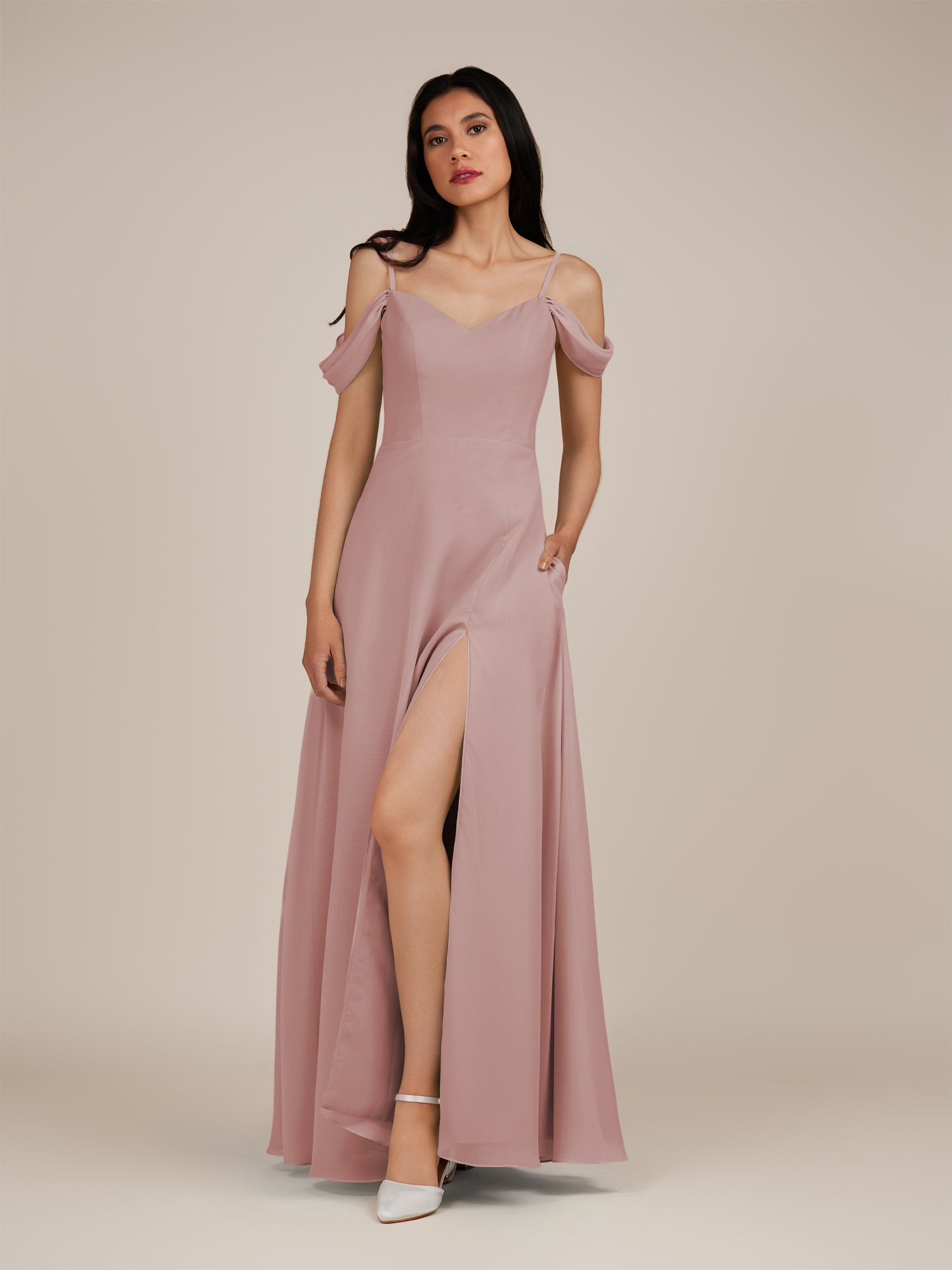 KissDress-Agate Dusty Rose A Line Chiffon Off the Shoulder Long Bridesmaid Dress