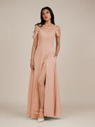 KissDress-Agate English Rose A Line Chiffon Off the Shoulder Long Bridesmaid Dress