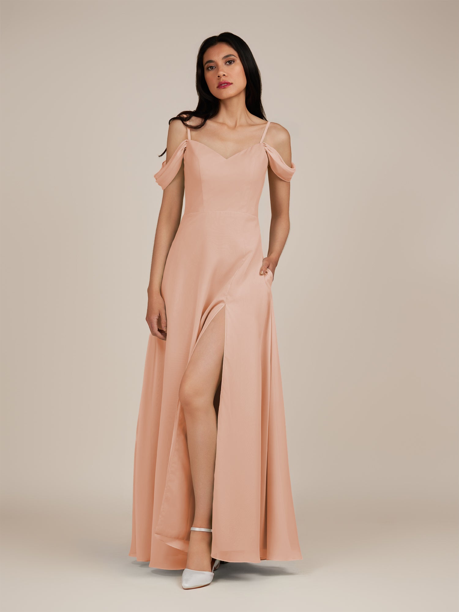 KissDress-Agate English Rose A Line Chiffon Off the Shoulder Long Bridesmaid Dress