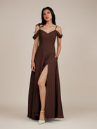 KissDress-Agate Espresso A Line Chiffon Off the Shoulder Long Bridesmaid Dress