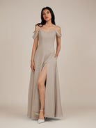 KissDress-Agate Frost A Line Chiffon Off the Shoulder Long Bridesmaid Dress