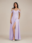 KissDress-Agate Lavender A Line Chiffon Off the Shoulder Long Bridesmaid Dress