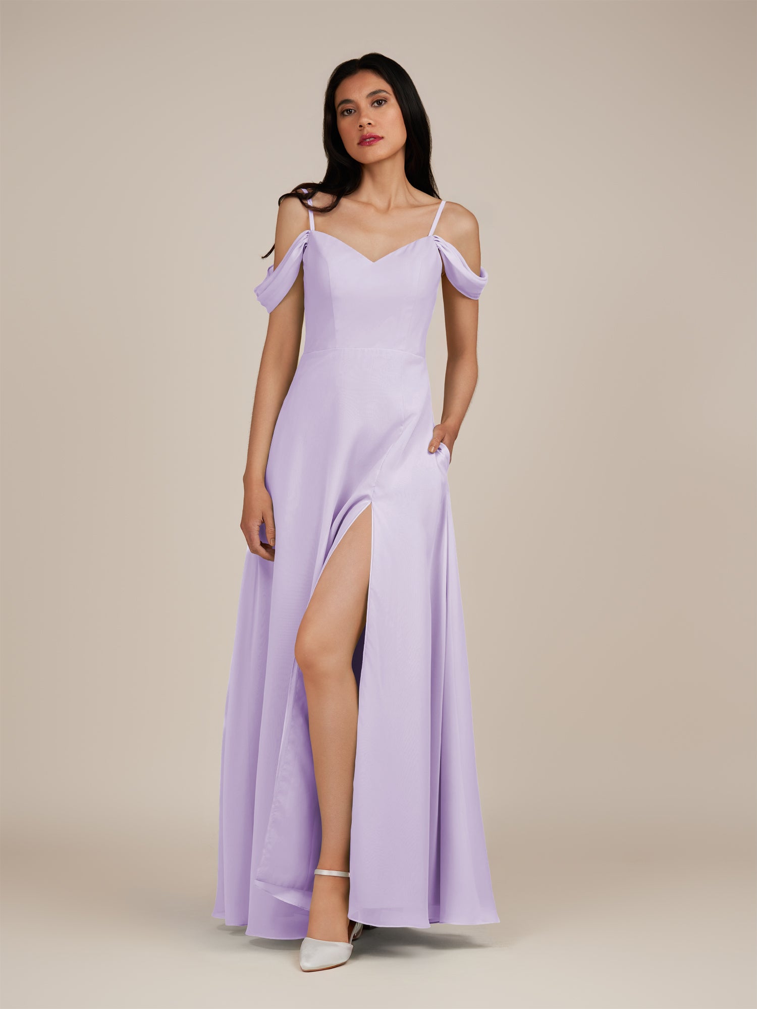 KissDress-Agate Lavender A Line Chiffon Off the Shoulder Long Bridesmaid Dress
