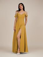 KissDress-Agate Marigold A Line Chiffon Off the Shoulder Long Bridesmaid Dress