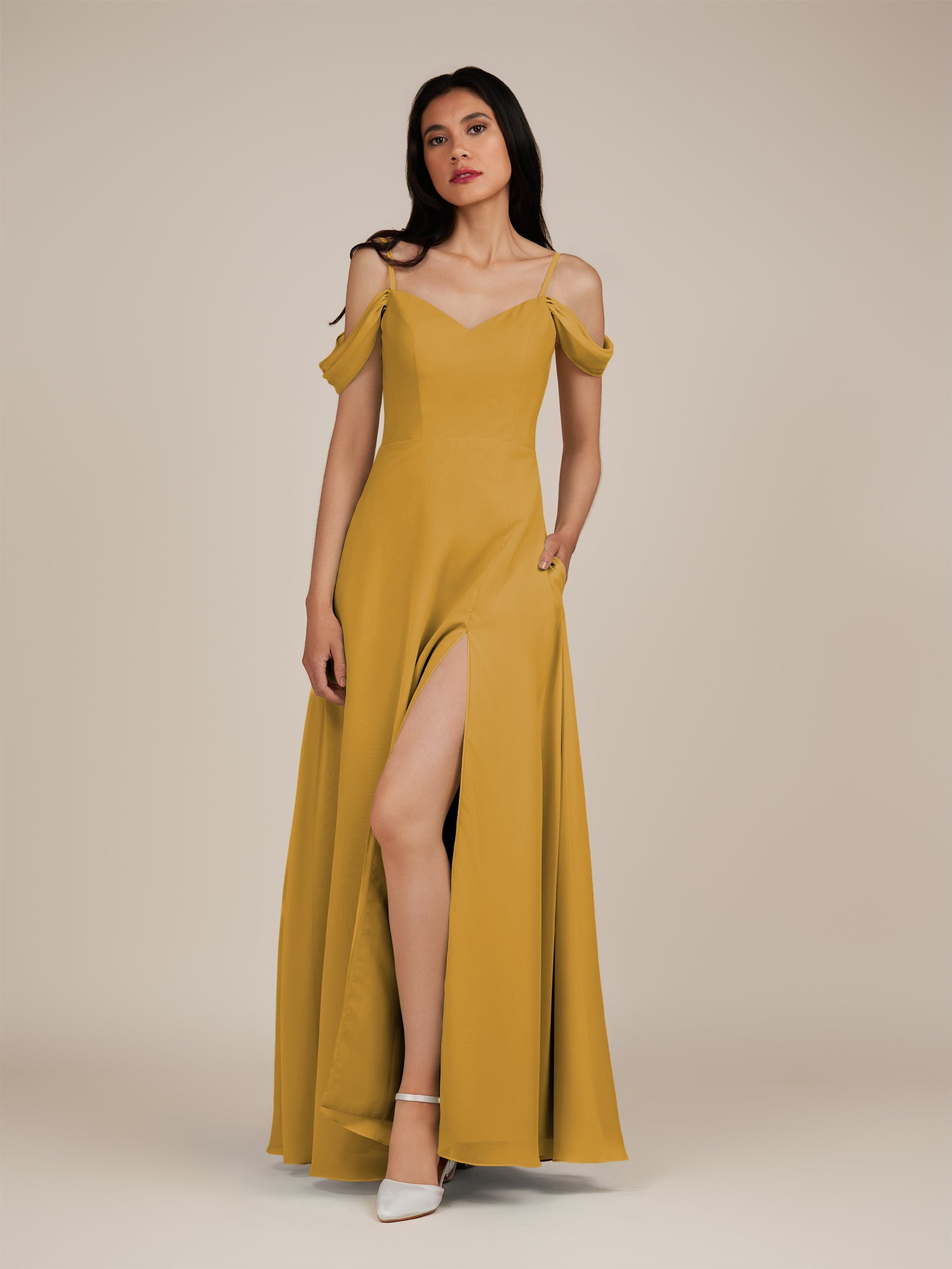 KissDress-Agate Marigold A Line Chiffon Off the Shoulder Long Bridesmaid Dress