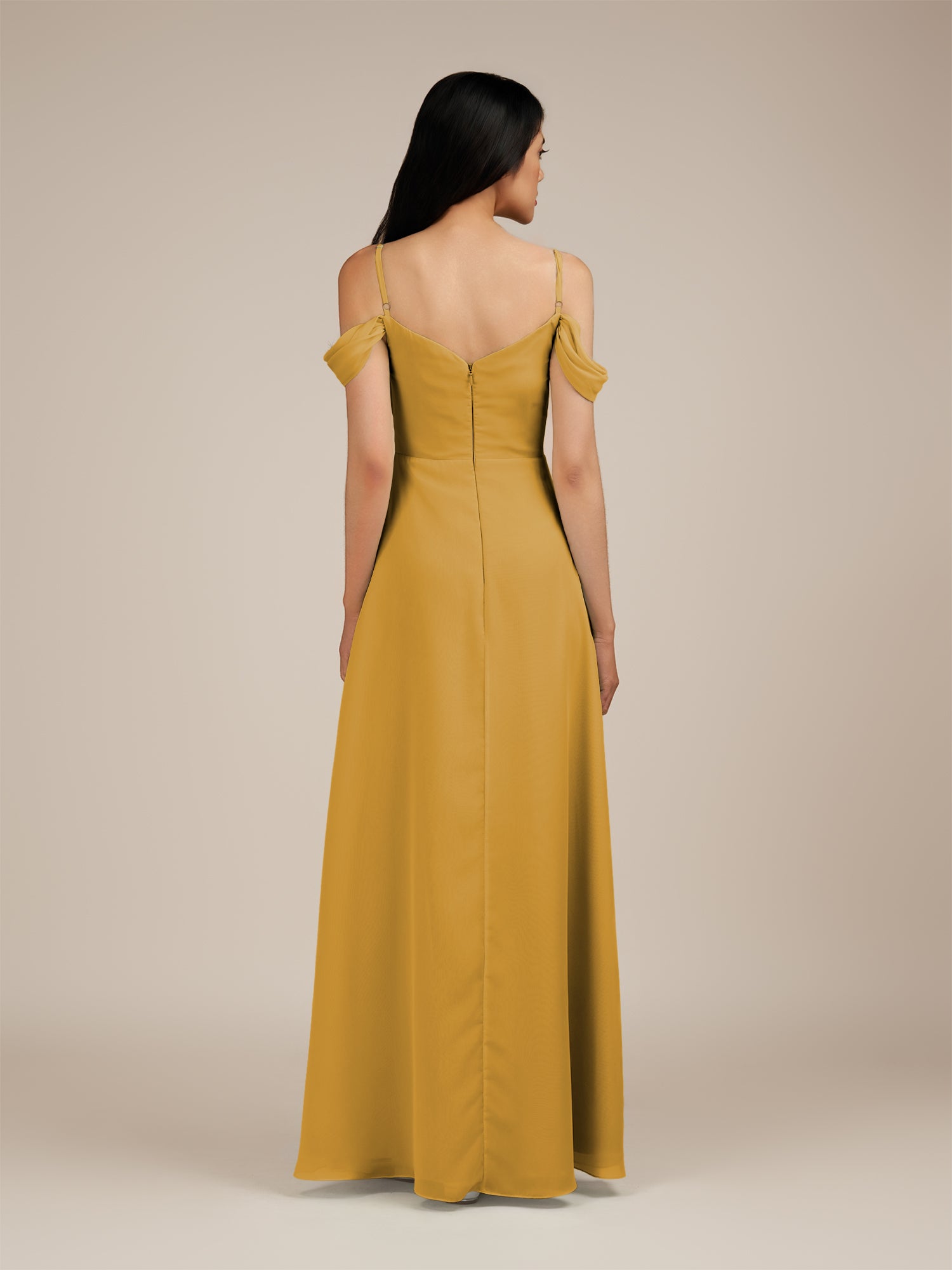 KissDress-Agate Marigold A Line Chiffon Off the Shoulder Long Bridesmaid Dress