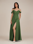 KissDress-Agate Moss A Line Chiffon Off the Shoulder Long Bridesmaid Dress