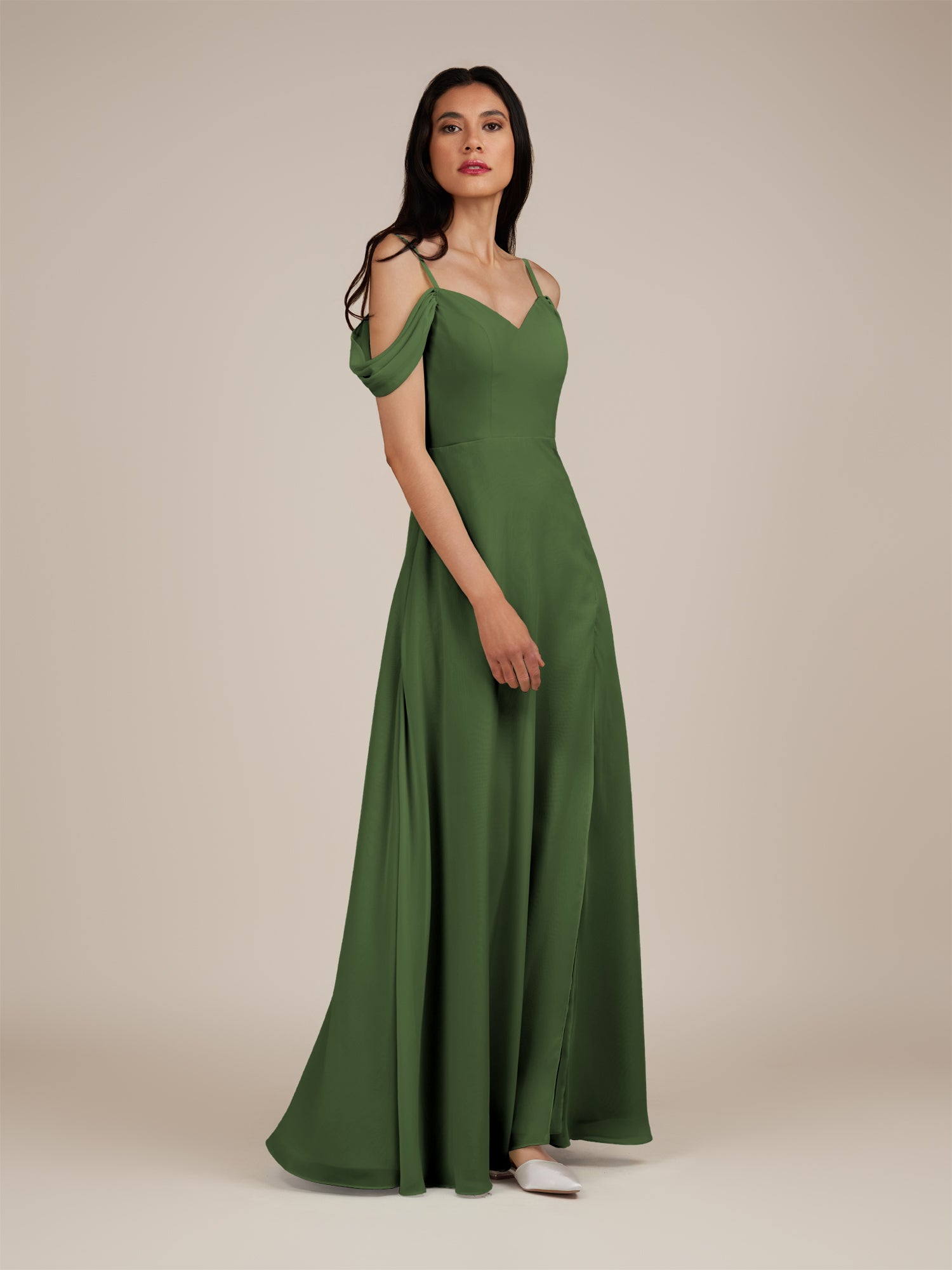 KissDress-Agate Moss A Line Chiffon Off the Shoulder Long Bridesmaid Dress