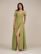 KissDress-Agate Moss Green A Line Chiffon Off the Shoulder Long Bridesmaid Dress