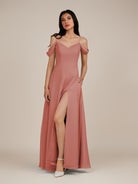 KissDress-Agate Mulberry A Line Chiffon Off the Shoulder Long Bridesmaid Dress