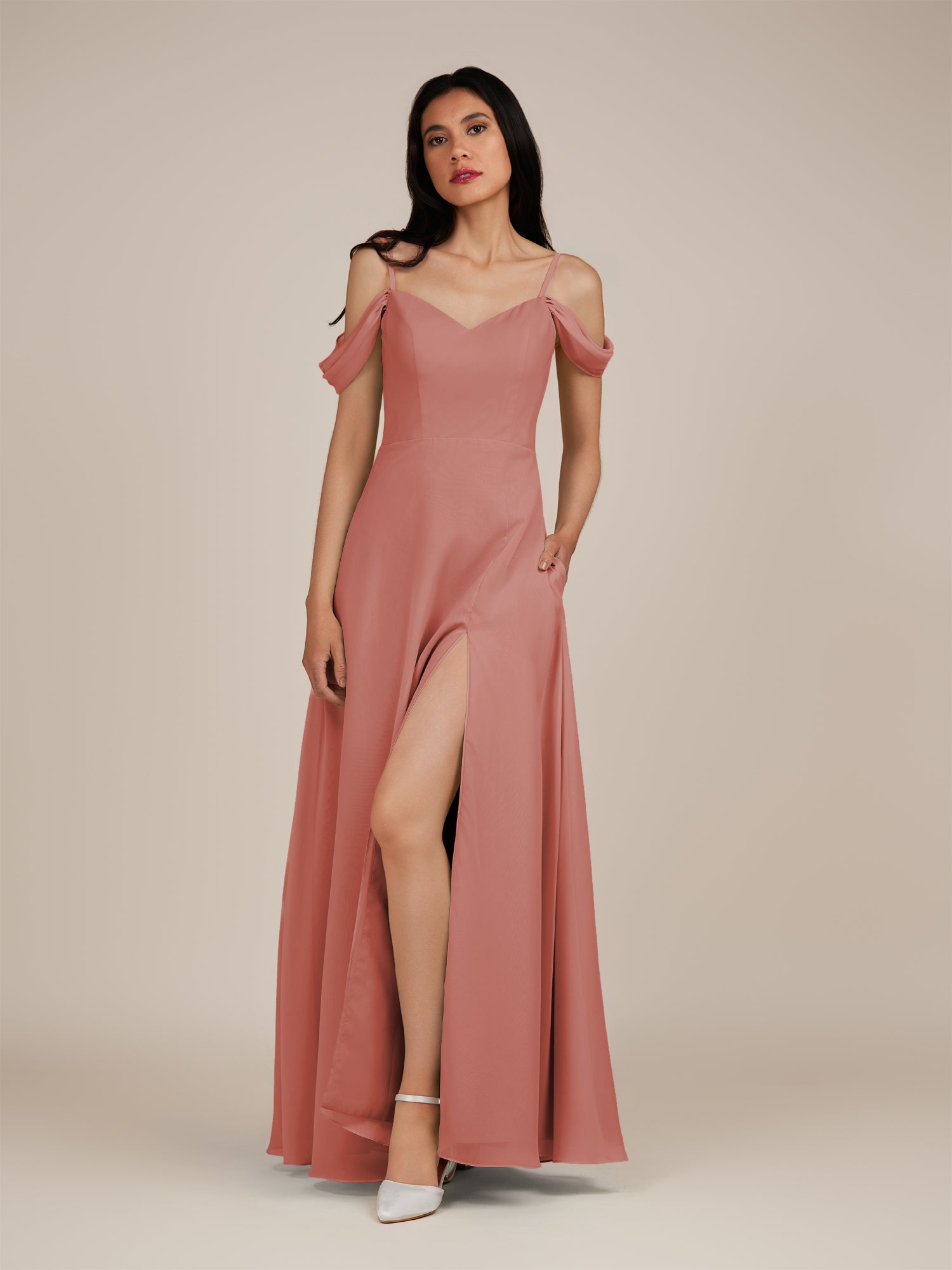 KissDress-Agate Mulberry A Line Chiffon Off the Shoulder Long Bridesmaid Dress
