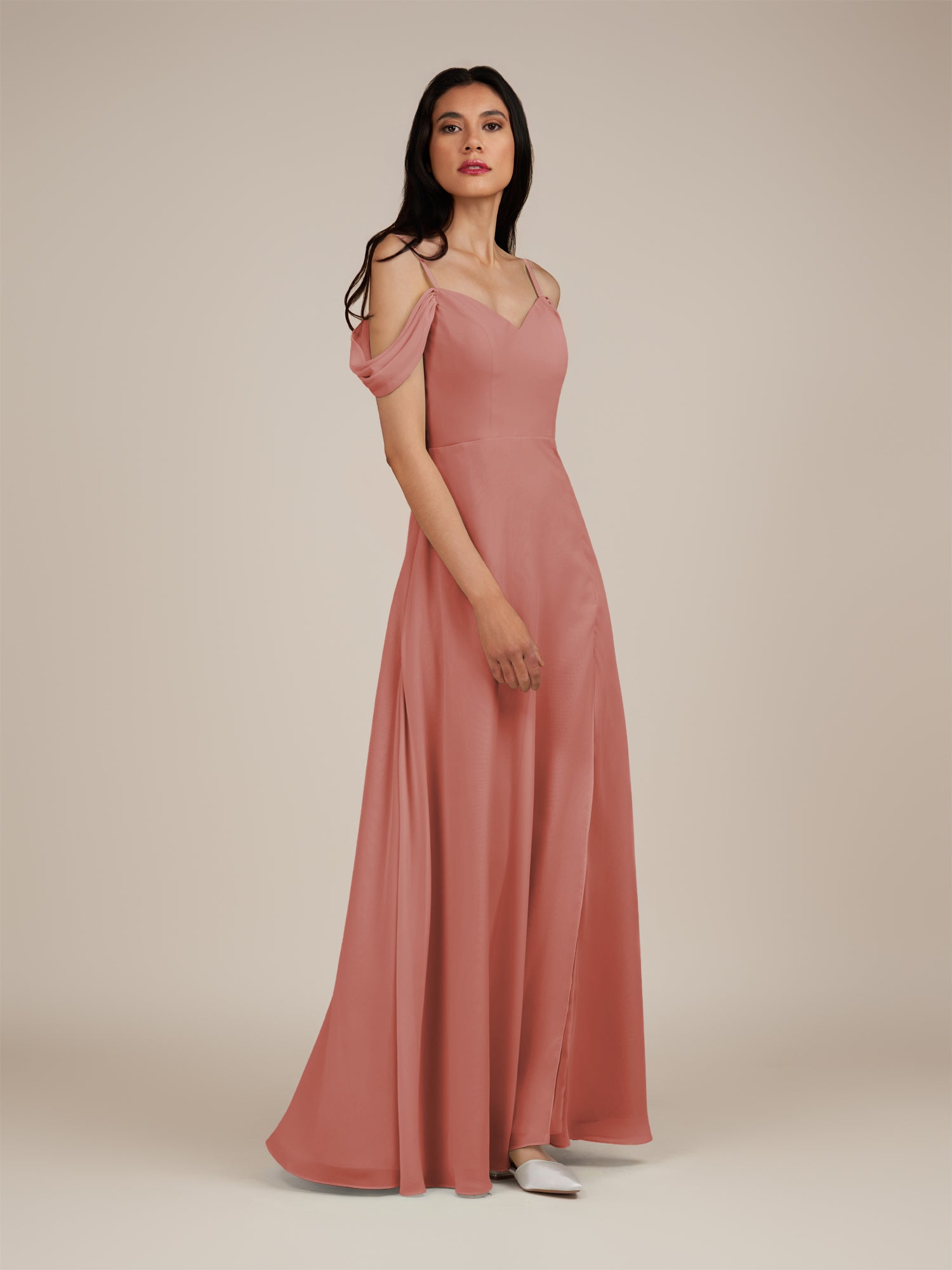 KissDress-Agate Mulberry A Line Chiffon Off the Shoulder Long Bridesmaid Dress