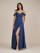 KissDress-Agate Navy A Line Chiffon Off the Shoulder Long Bridesmaid Dress