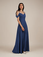 KissDress-Agate Navy A Line Chiffon Off the Shoulder Long Bridesmaid Dress
