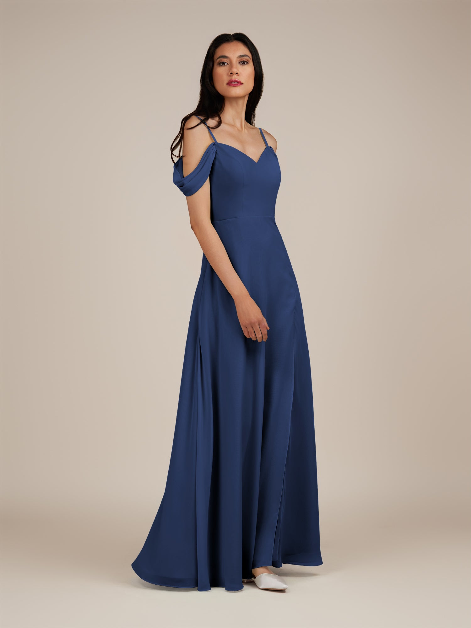KissDress-Agate Navy A Line Chiffon Off the Shoulder Long Bridesmaid Dress