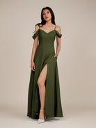 KissDress-Agate Olive A Line Chiffon Off the Shoulder Long Bridesmaid Dress