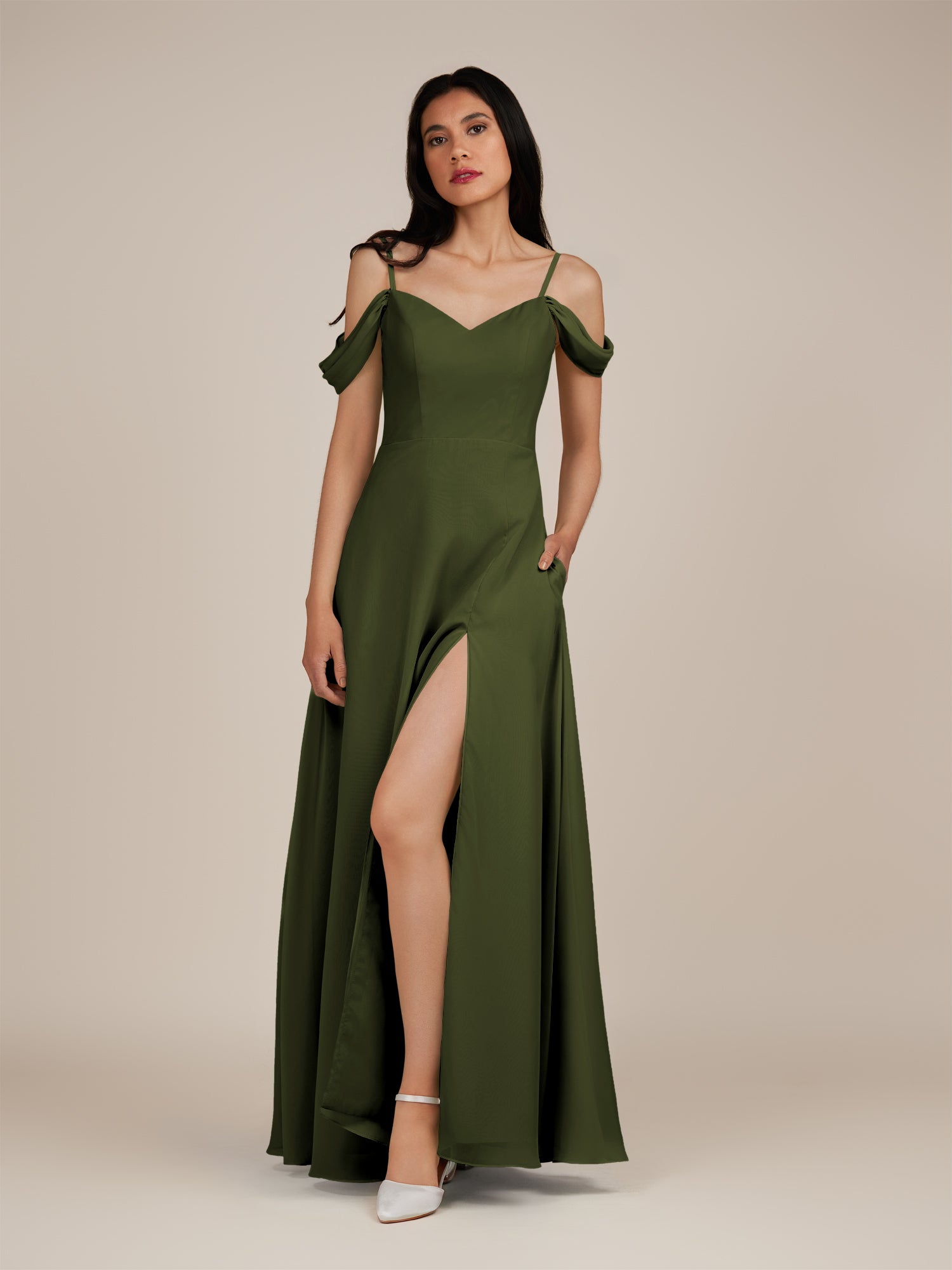 KissDress-Agate Olive A Line Chiffon Off the Shoulder Long Bridesmaid Dress