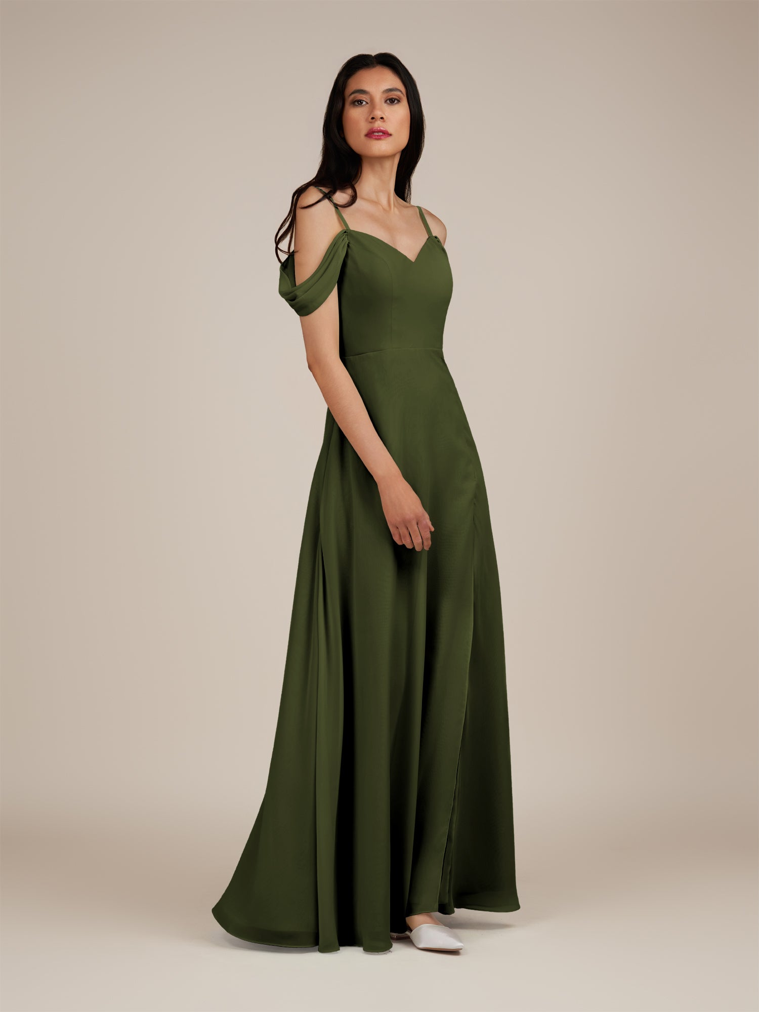 KissDress-Agate Olive A Line Chiffon Off the Shoulder Long Bridesmaid Dress