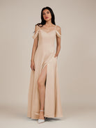 KissDress-Agate Pale Blush A Line Chiffon Off the Shoulder Long Bridesmaid Dress