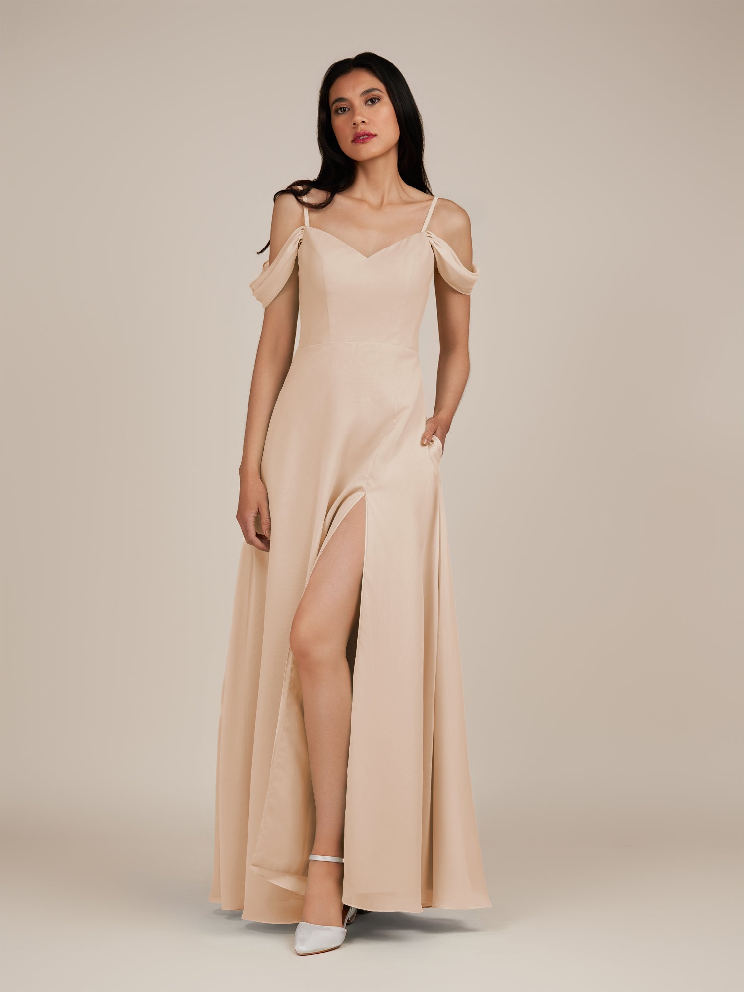 KissDress-Agate Pale Blush A Line Chiffon Off the Shoulder Long Bridesmaid Dress