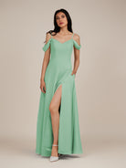 KissDress-Agate Pale Pistachio A Line Chiffon Off the Shoulder Long Bridesmaid Dress