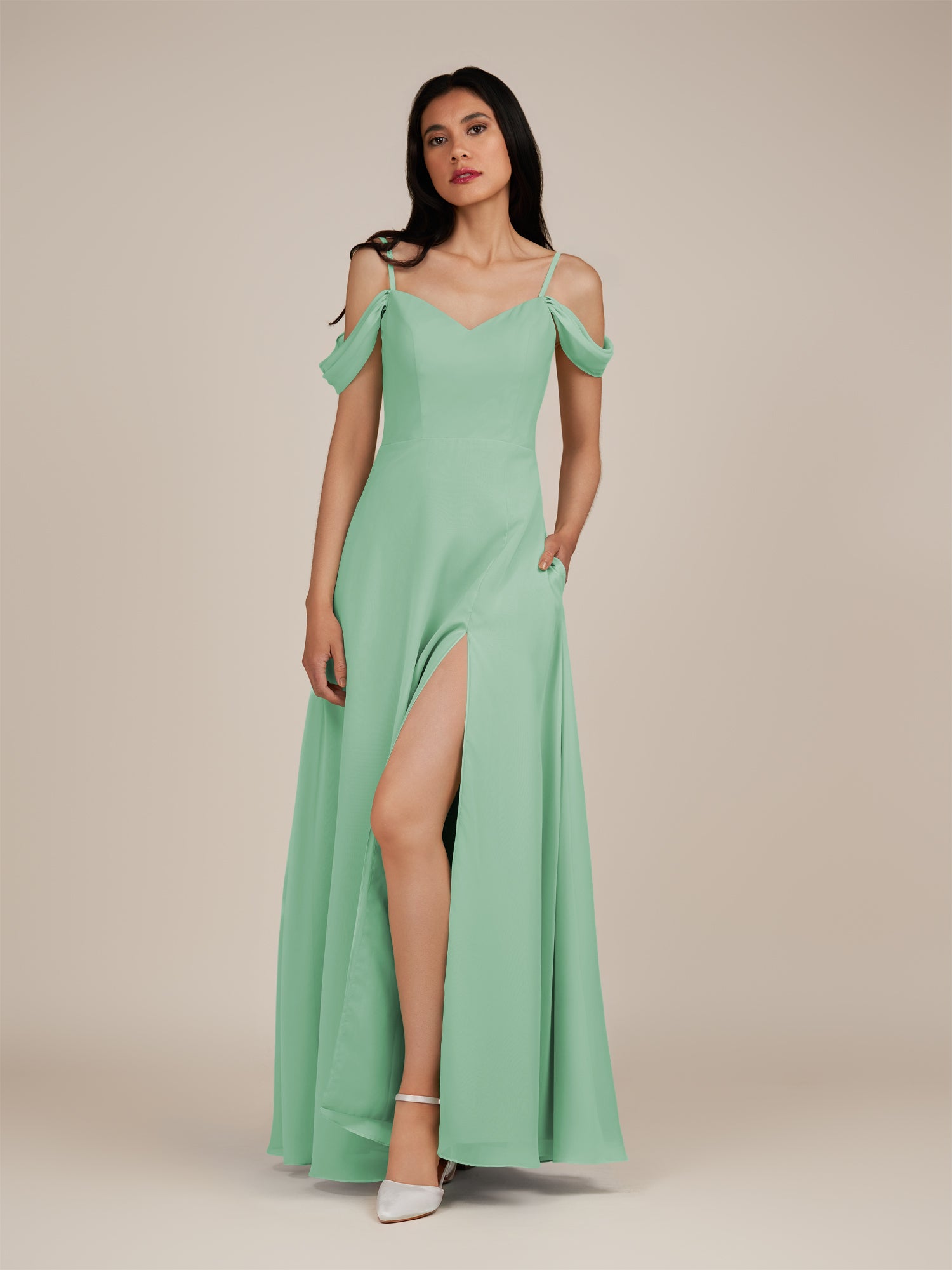 KissDress-Agate Pale Pistachio A Line Chiffon Off the Shoulder Long Bridesmaid Dress