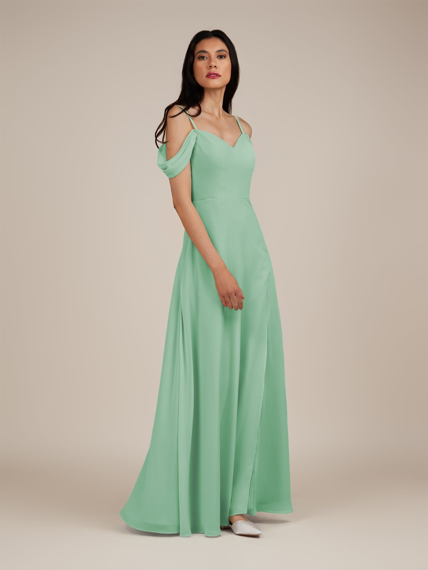 KissDress-Agate Pale Pistachio A Line Chiffon Off the Shoulder Long Bridesmaid Dress