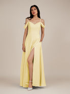 KissDress-Agate Pastel Yellow A Line Chiffon Off the Shoulder Long Bridesmaid Dress