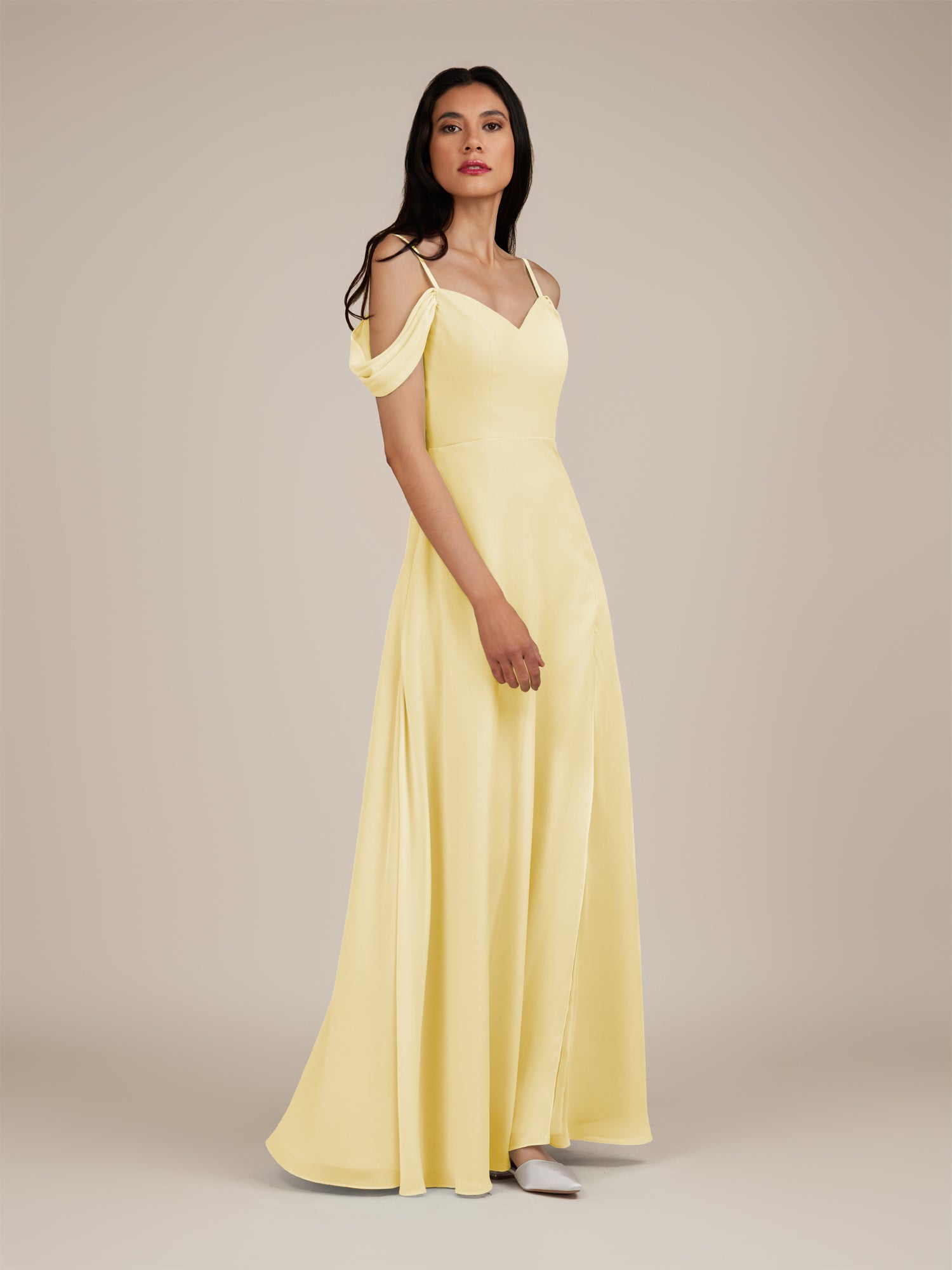 KissDress-Agate Pastel Yellow A Line Chiffon Off the Shoulder Long Bridesmaid Dress