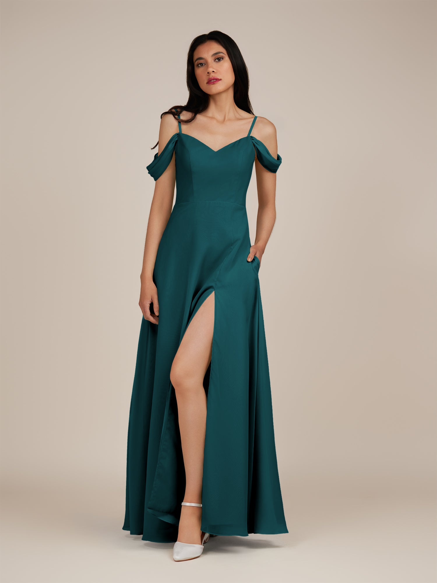 KissDress-Agate Pine A Line Chiffon Off the Shoulder Long Bridesmaid Dress