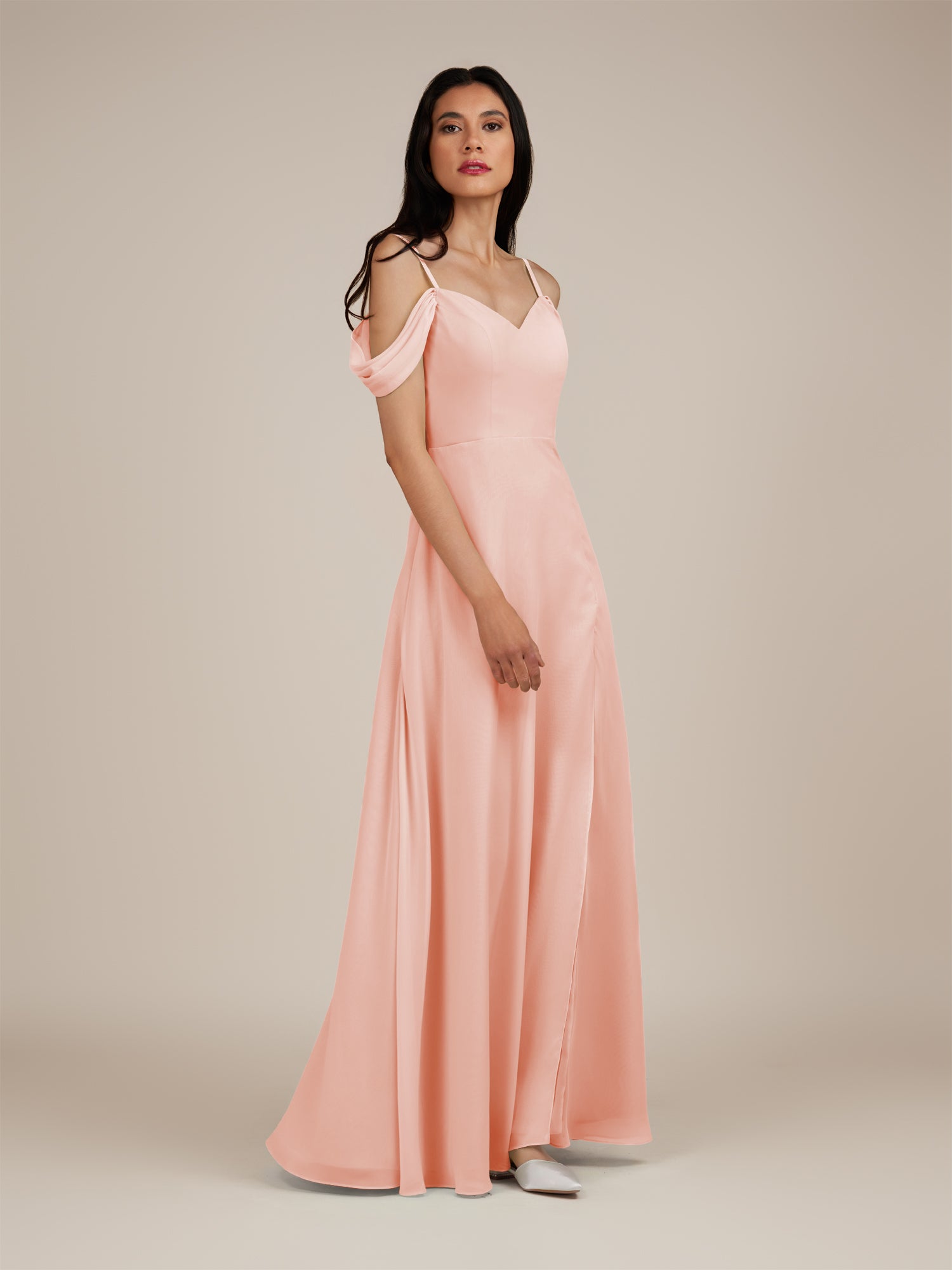 KissDress-Agate Rose Petal A Line Chiffon Off the Shoulder Long Bridesmaid Dress