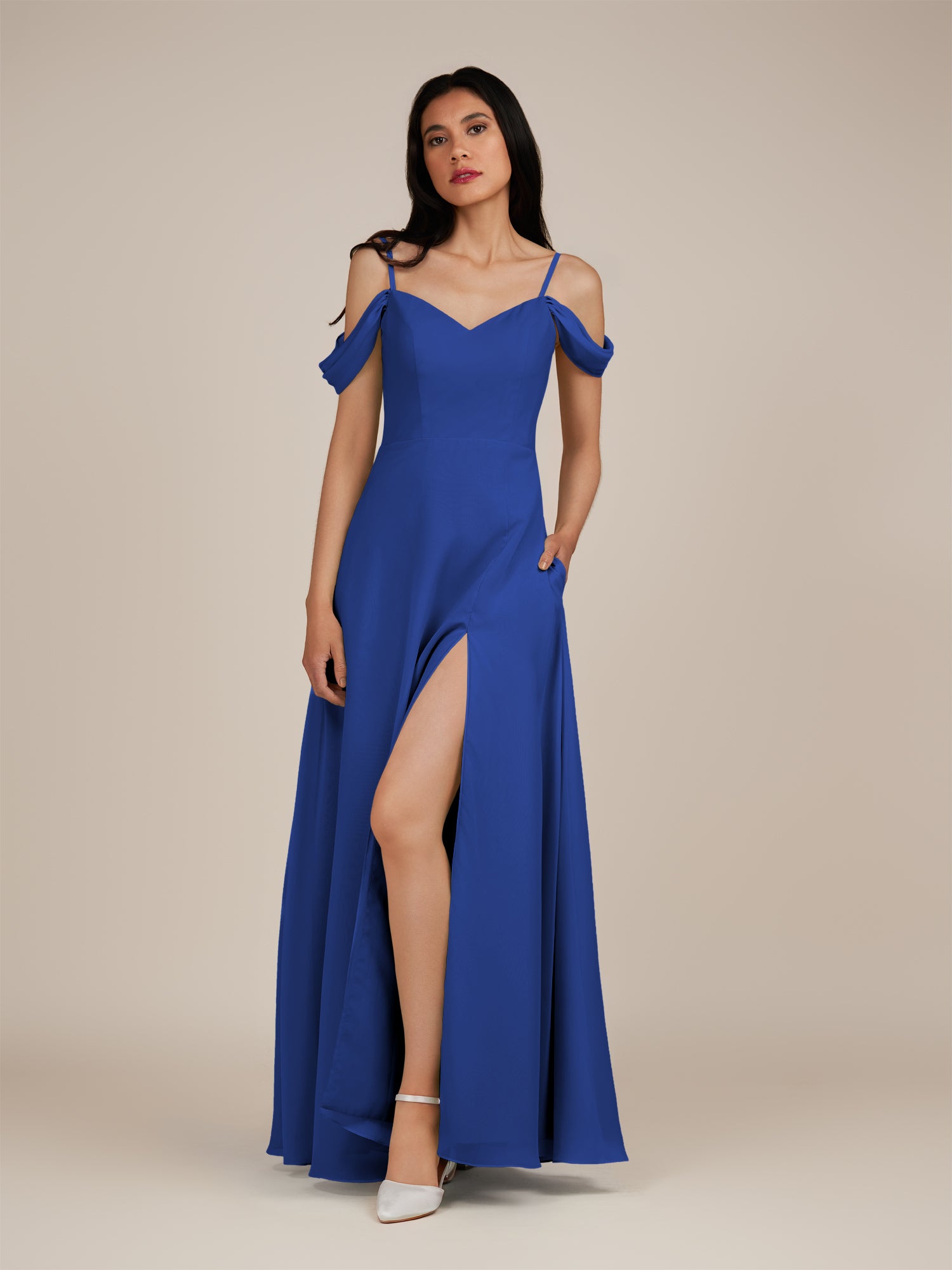 KissDress-Agate Royal Blue A Line Chiffon Off the Shoulder Long Bridesmaid Dress